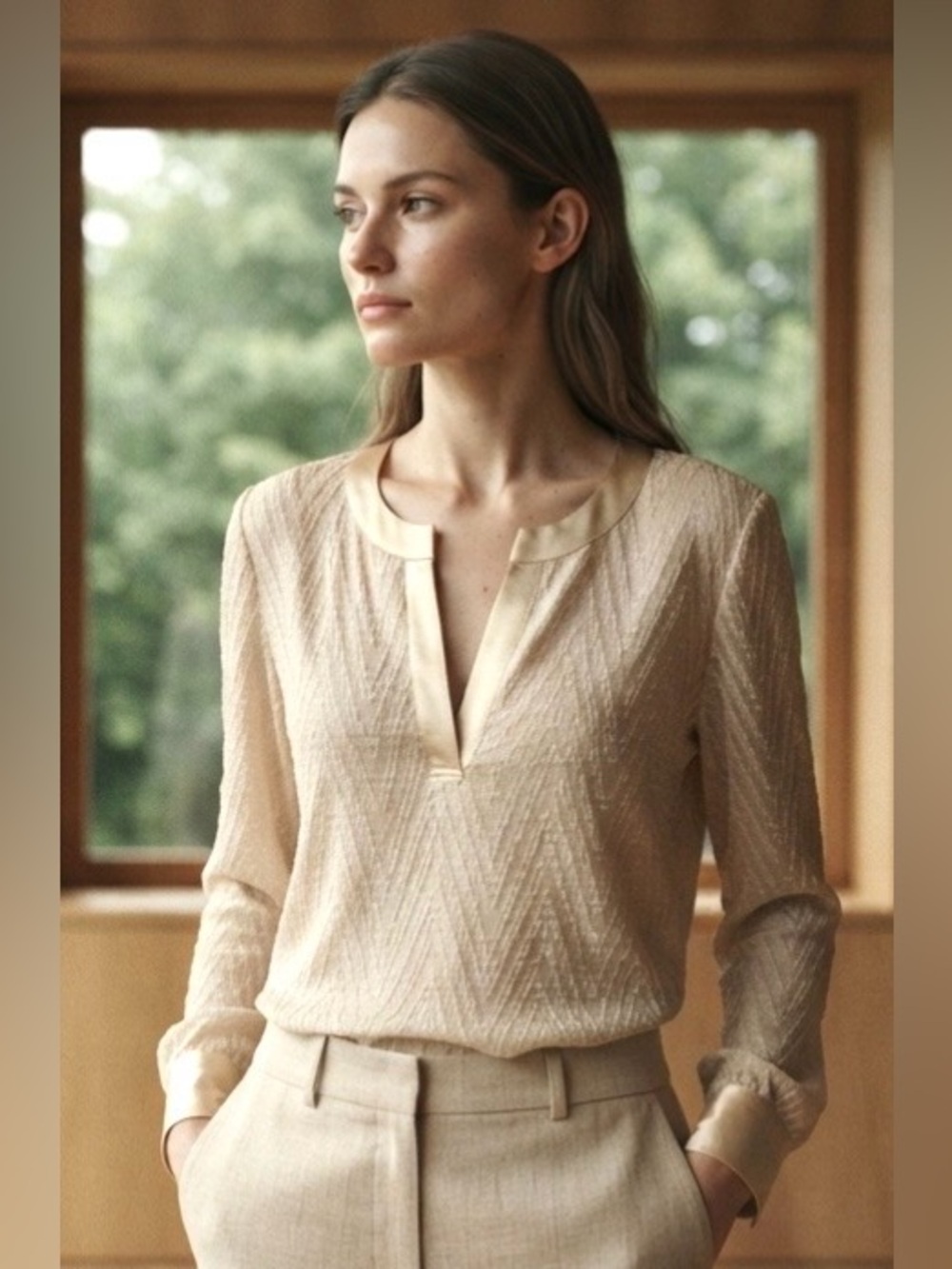 ECI Blouse Top Asymmetrical Layeted Beige Hem Textured Sheer Career Elegant